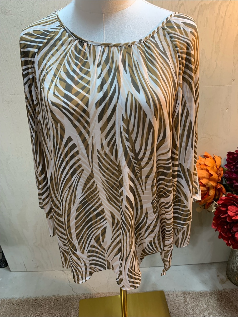 Chico's Olive, Beige & White Zebra-Stripe Blouse